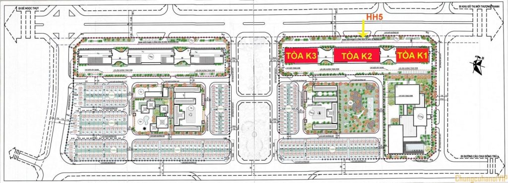 Vị trí mặt bằng HH5 gồm 3 tòa ký hiệu là K1, K2 và tòa K3